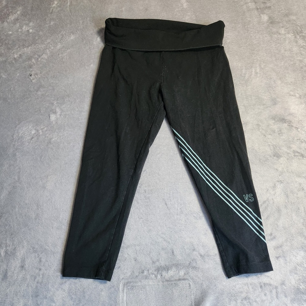 VTG Victoria's Secret Foldover Yoga Pants Crop Leggings Black Teal Stripe Logo M